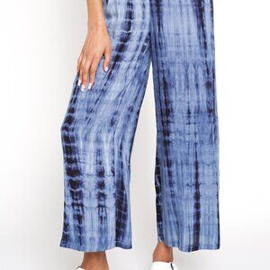 MYSTREE Blue Tie-Dye Smocked Waist Wide Leg Pants | Boho Comfy Summer Lounge